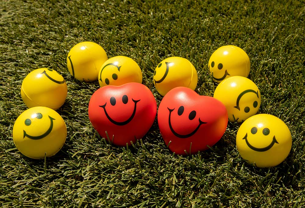 A red and yellow smiley face resting on green grass